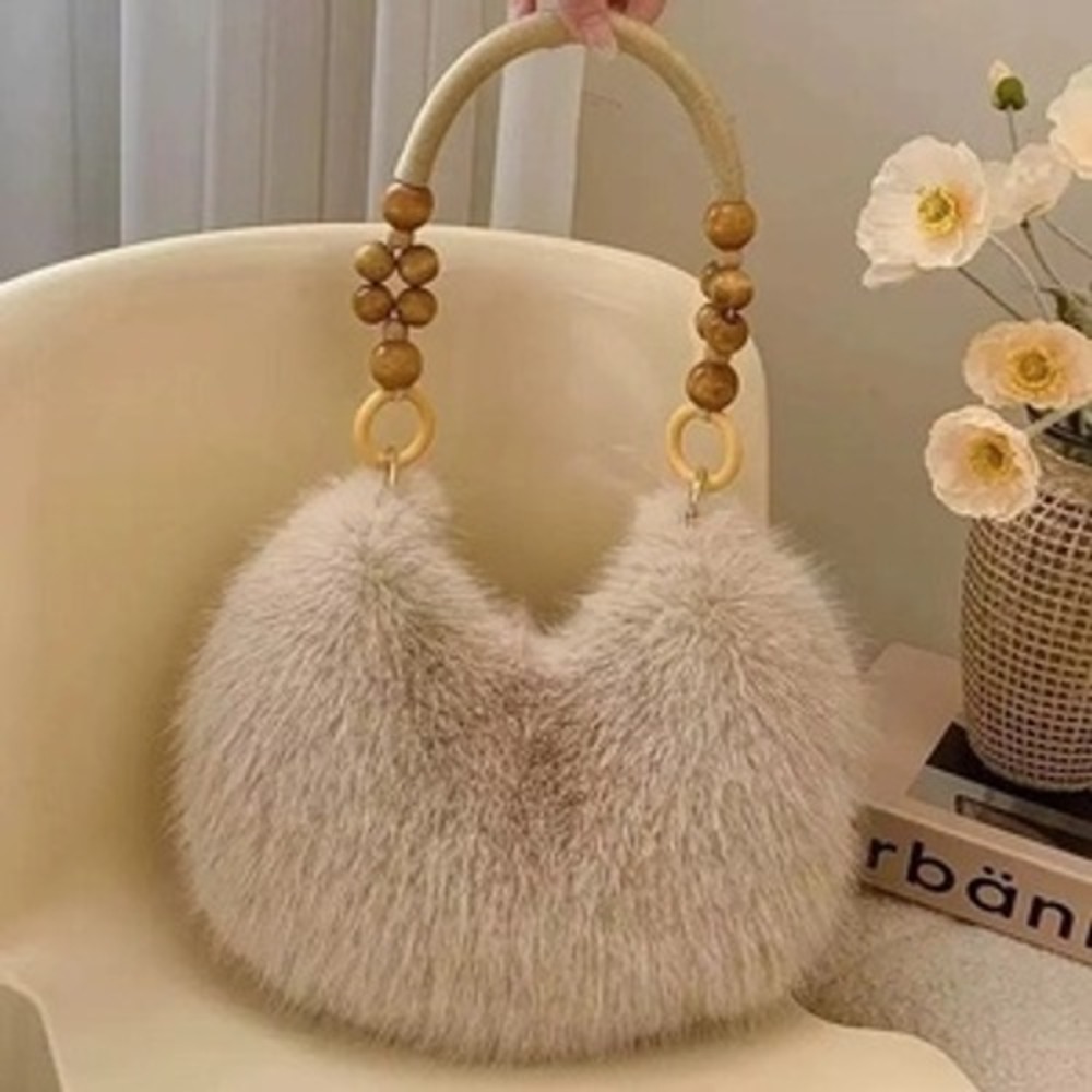 Faux Fur Hobo Bag Beige Shaggy Tote with Beaded Wood Handle Boho Chic Handbag‎